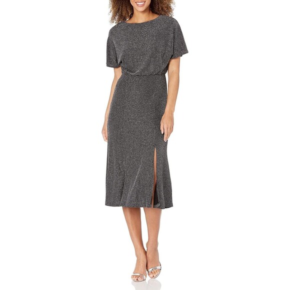 NEW Donna Morgan Women's Metallic Knit Back V Blouson Dress  10 Black - Picture 1 of 5